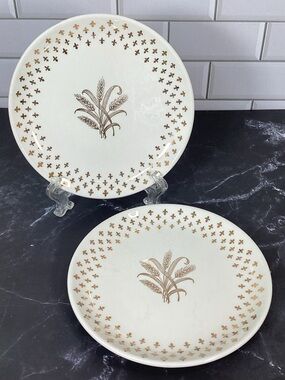 Pair SCIO China Golden Wheat Vintage Gold Fleur de Lis - 6" BREAD PLATE